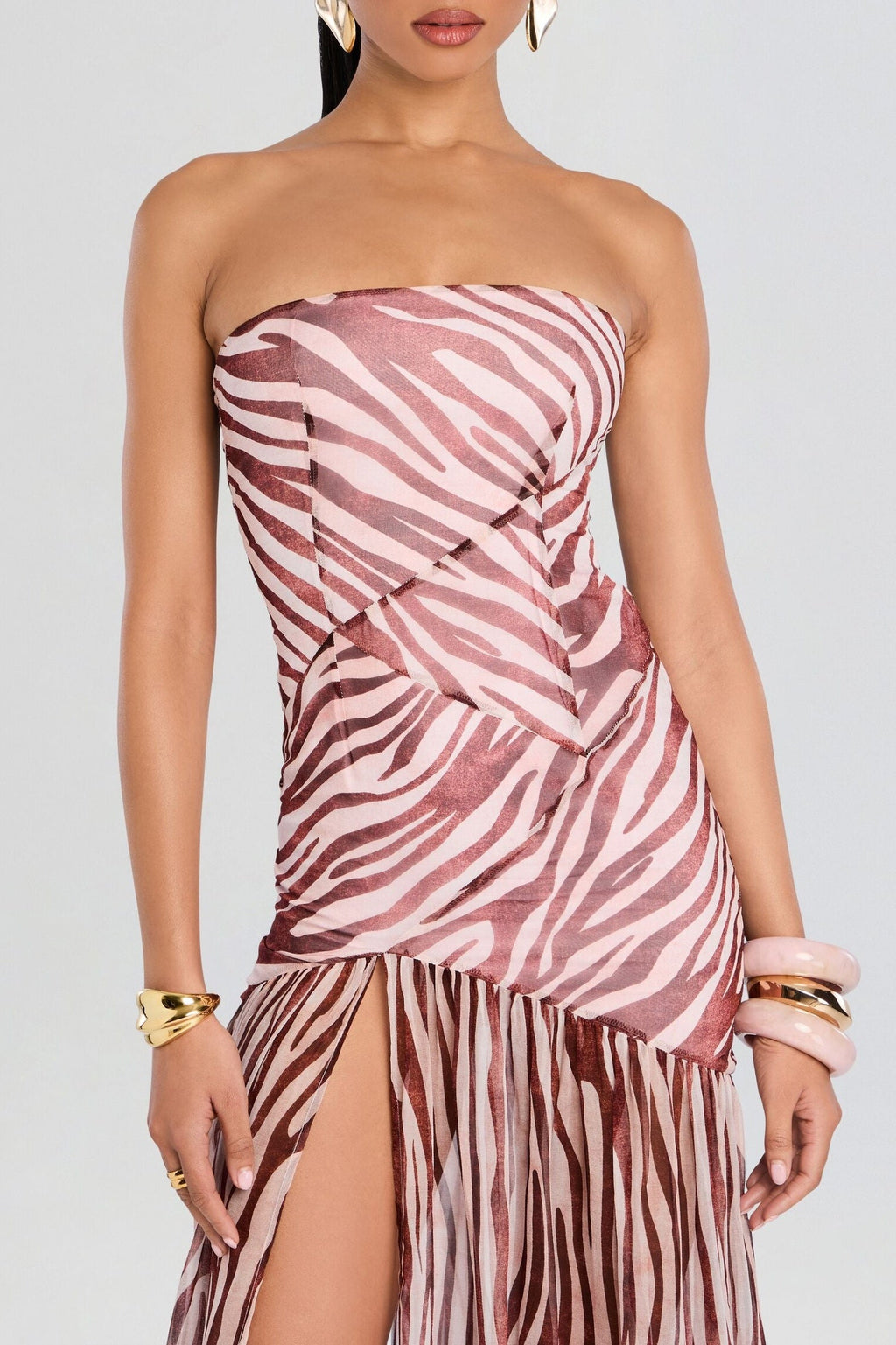 Shmaka Zebra Print Strapless Slit Maxi Dress Avalabel