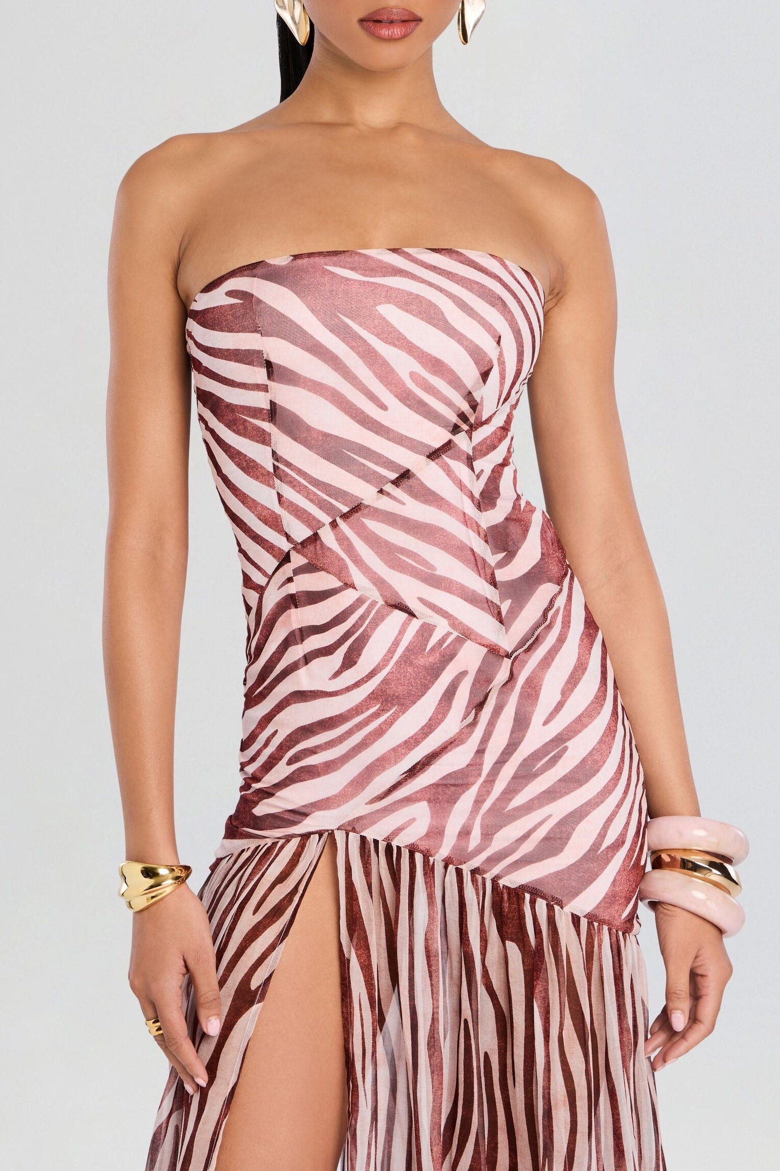 Shmaka Zebra Print Strapless Slit Maxi Dress Avalabel