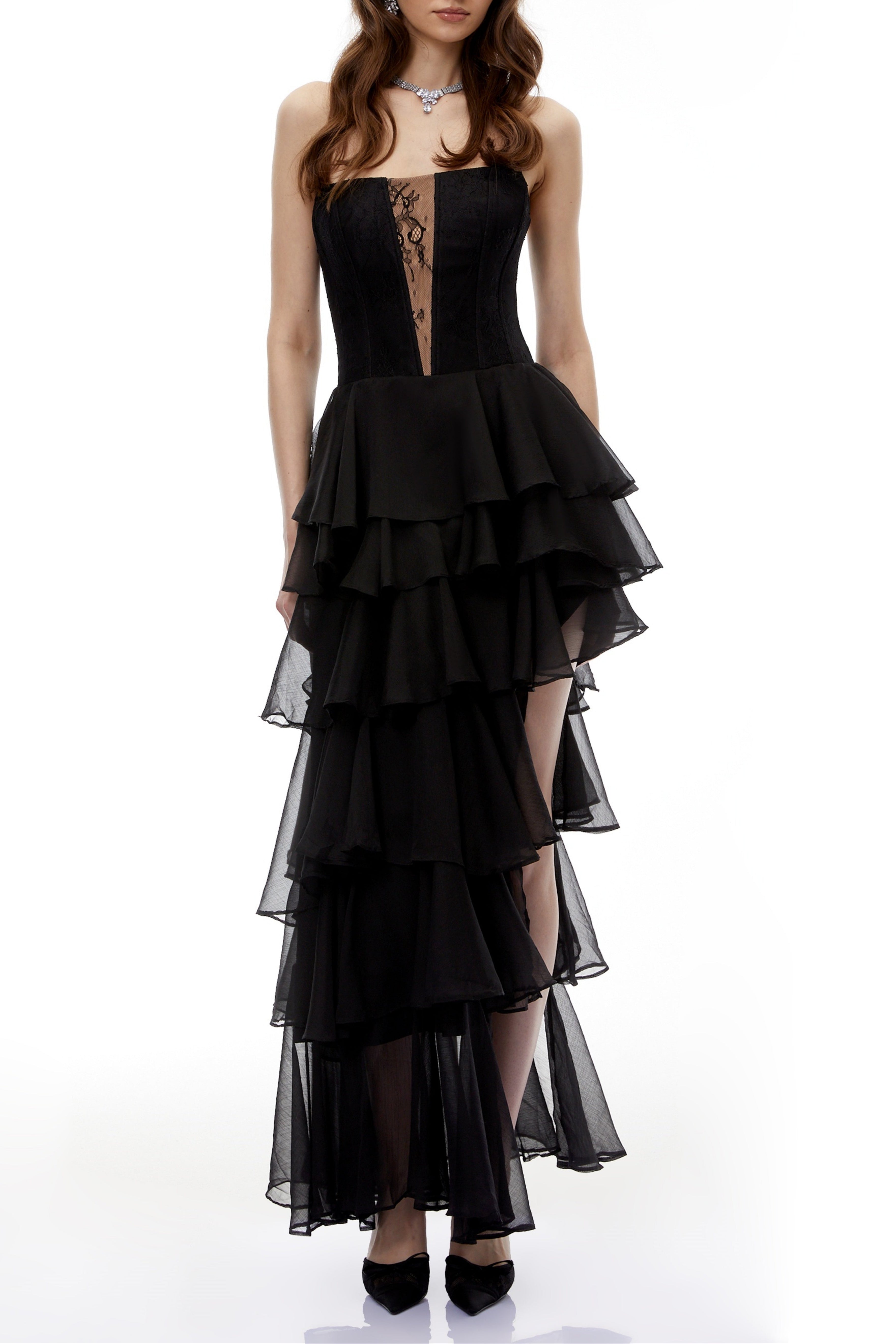 Sophia Cut-Out Tulle Layer Strapless Maxi Dress in Black Avalabel