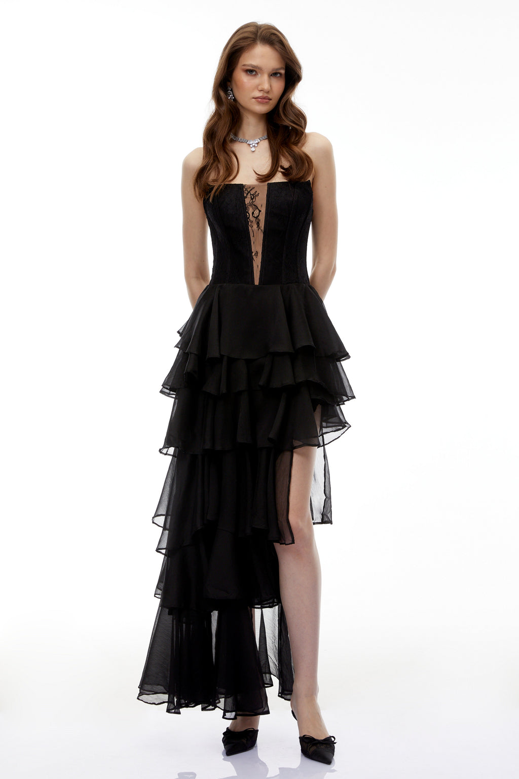 Sophia Cut-Out Tulle Layer Strapless Maxi Dress in Black Avalabel