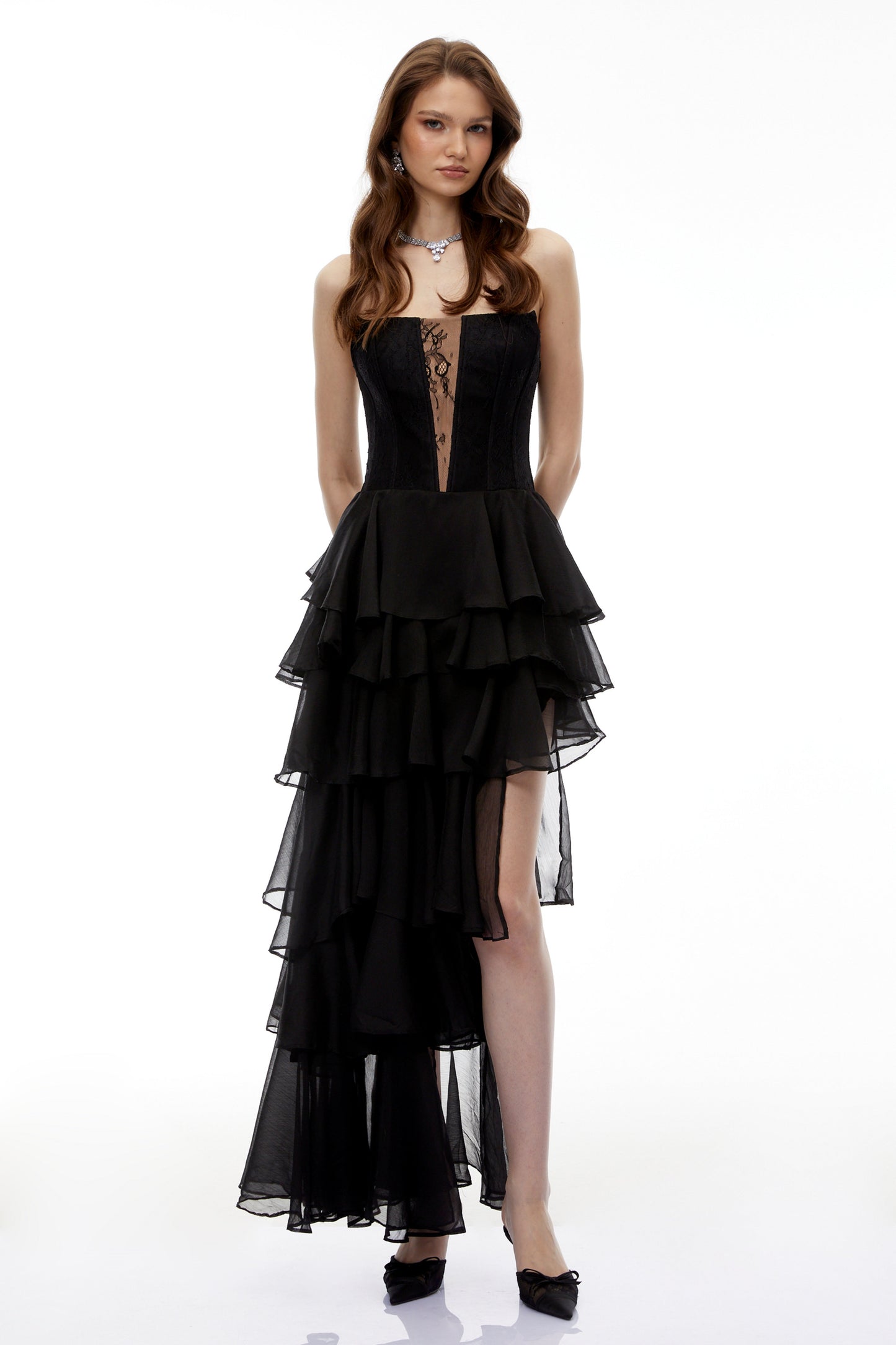 Sophia Cut-Out Tulle Layer Strapless Maxi Dress in Black