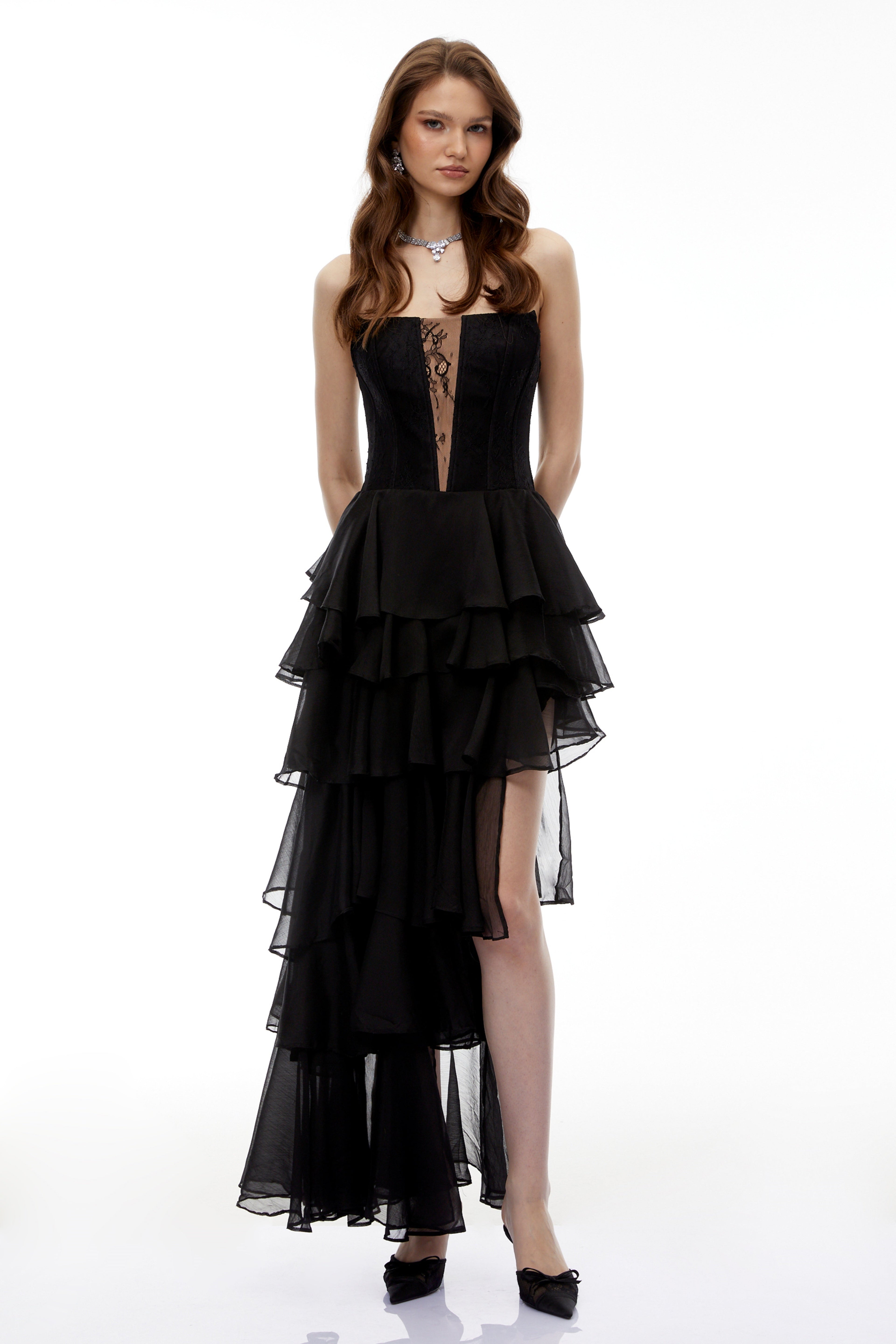 Sophia Cut-Out Tulle Layer Strapless Maxi Dress in Black Avalabel