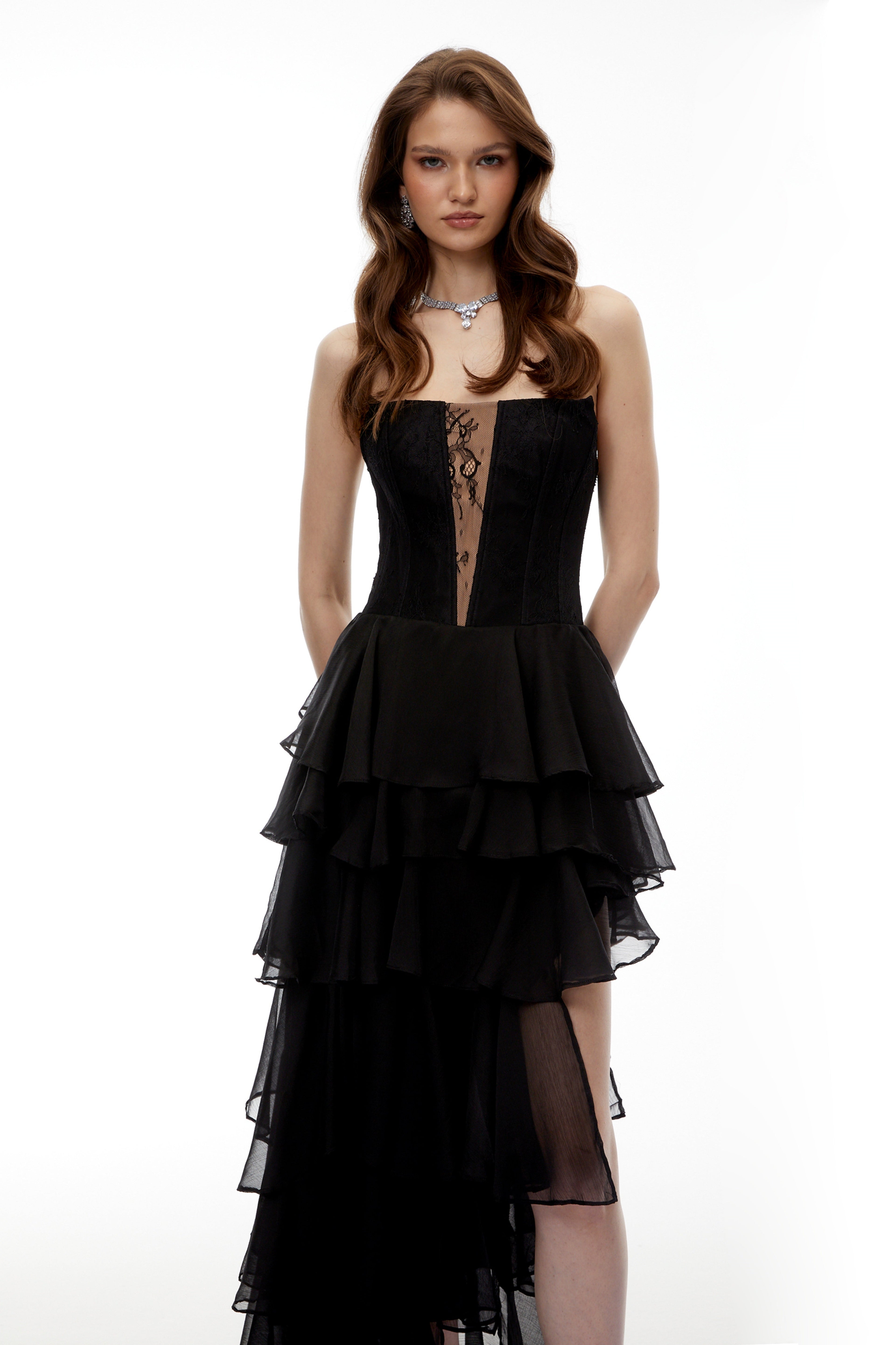 Sophia Cut-Out Tulle Layer Strapless Maxi Dress in Black Avalabel