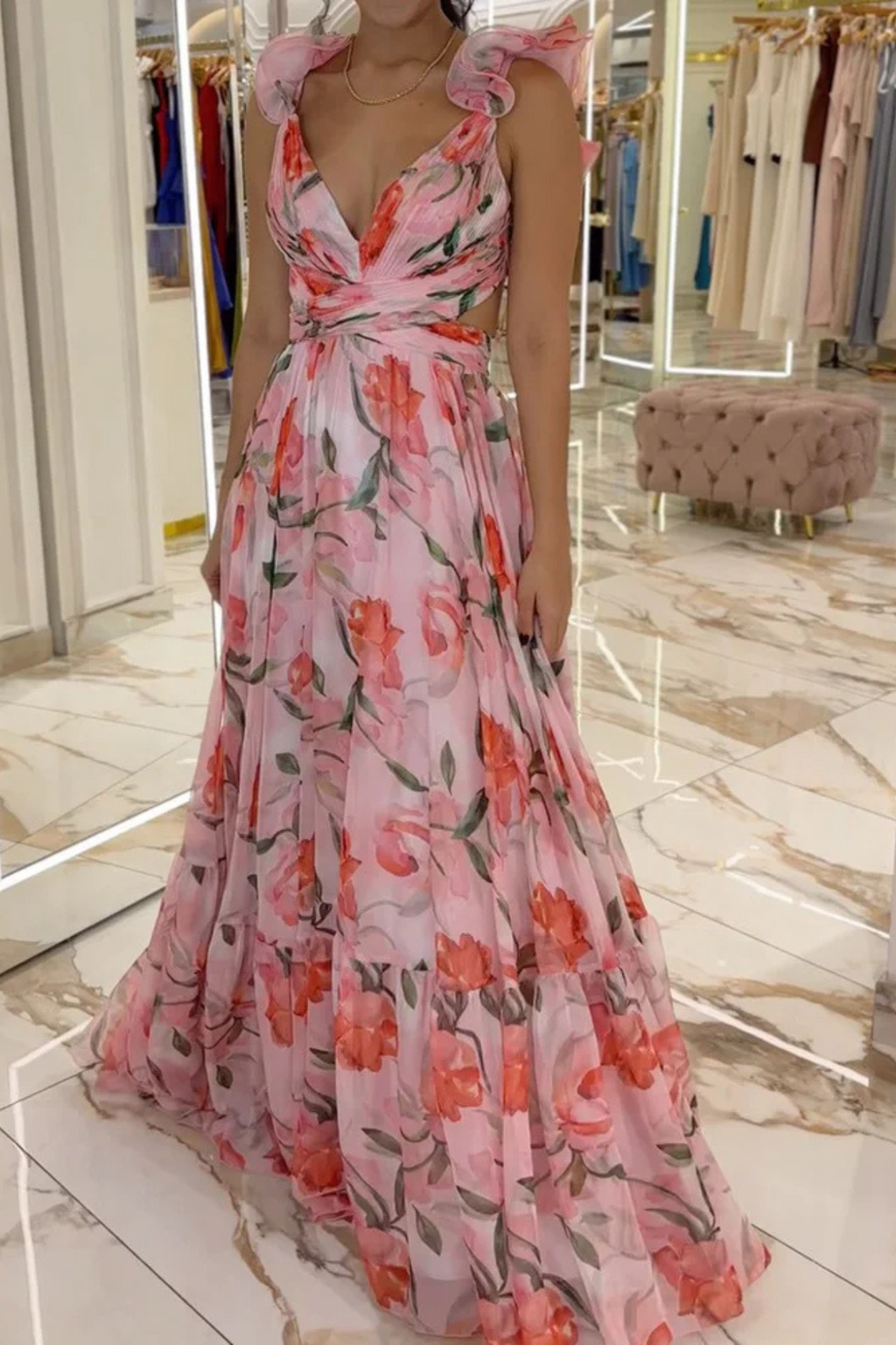 Floral Print Ruffled Backless Maxi Dress in Pink Avalabel