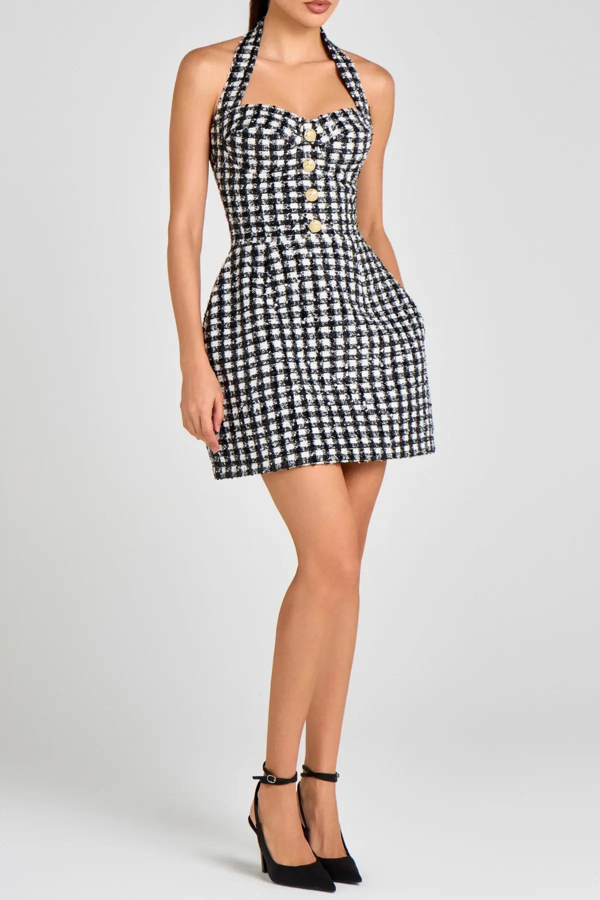 Siobo Halter Houndstooth Tweed Mini Dress Avalabel