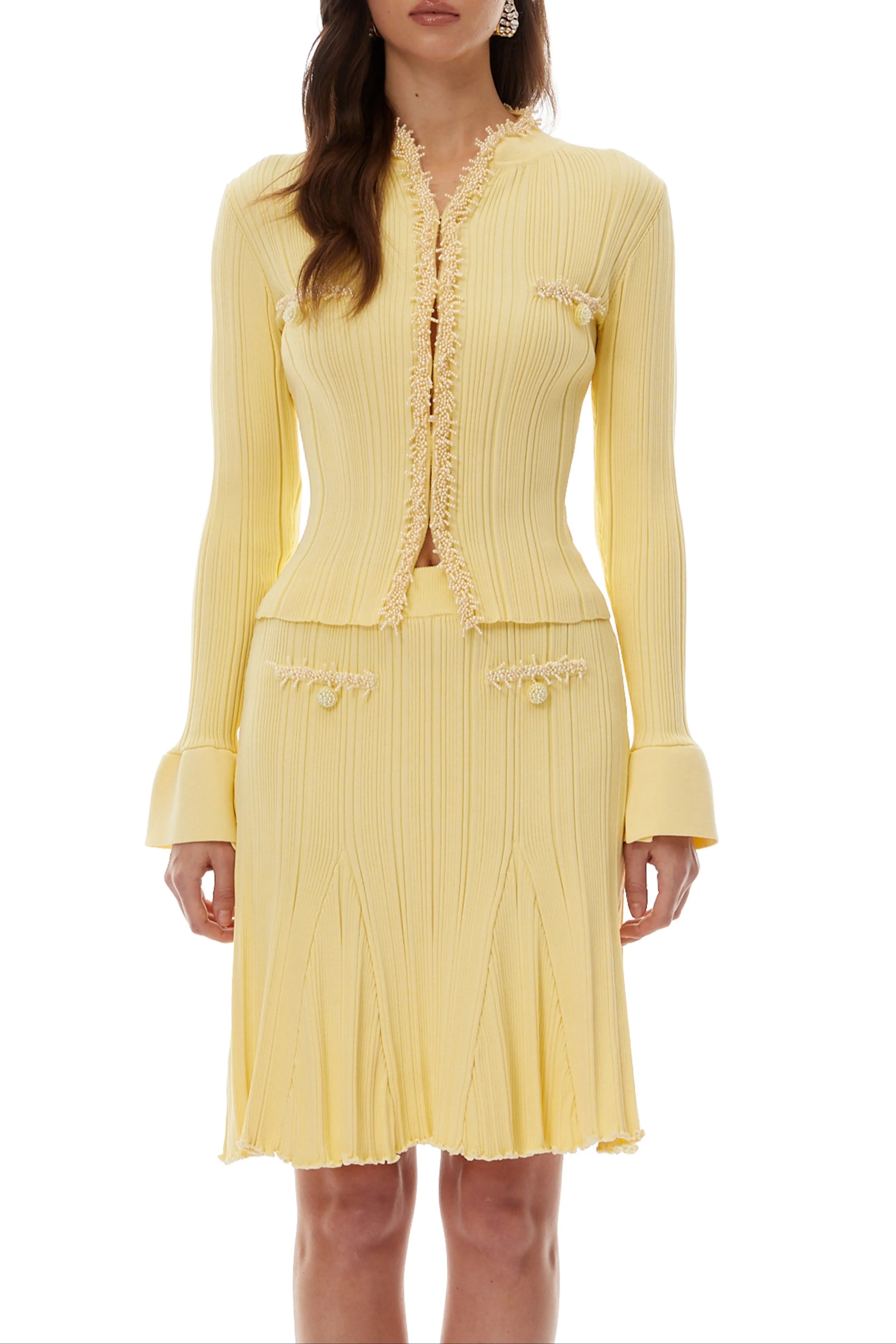 Polly Yellow Beaded Knit Blouse & Skirt Set Avalabel