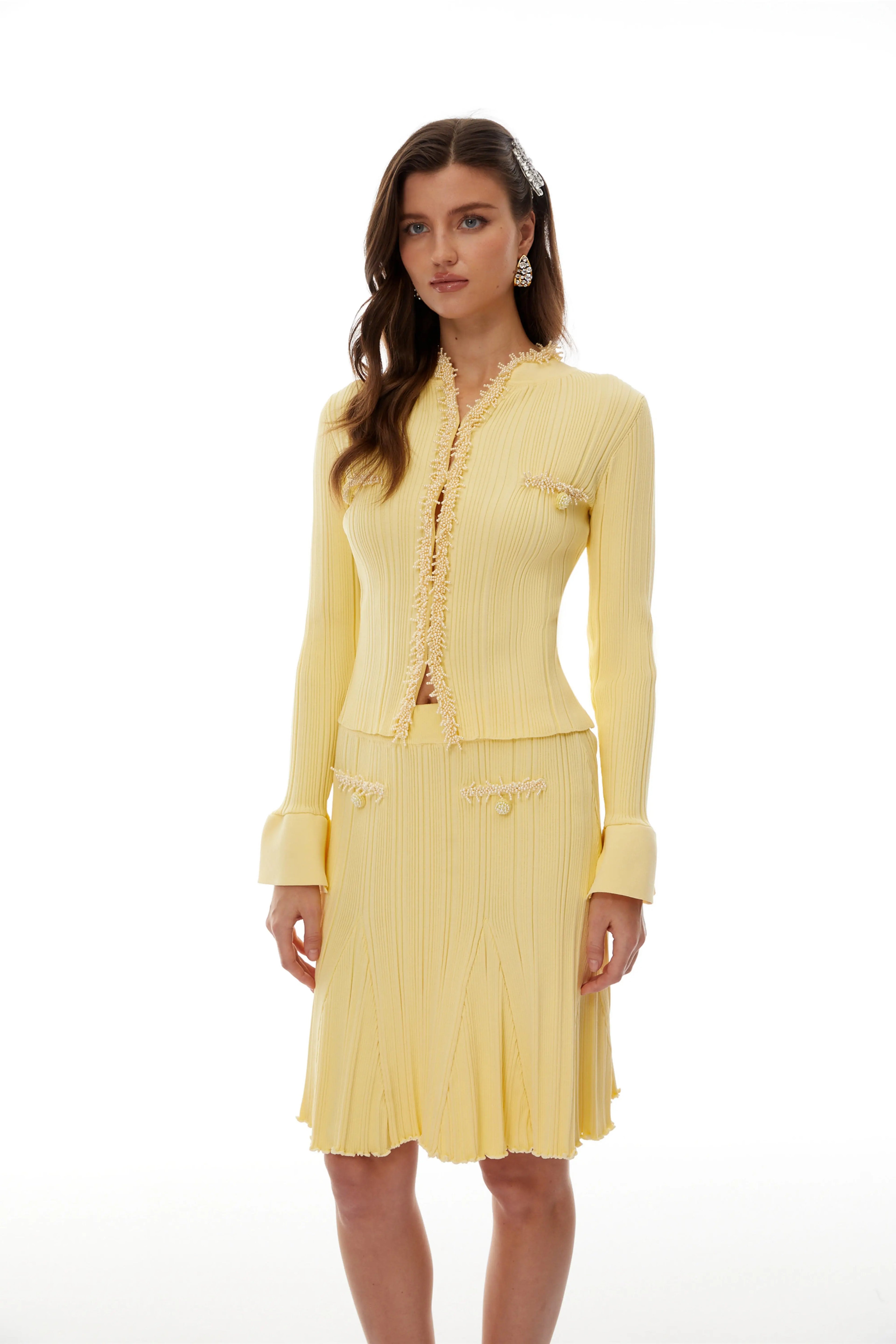 Polly Yellow Beaded Knit Blouse & Skirt Set Avalabel