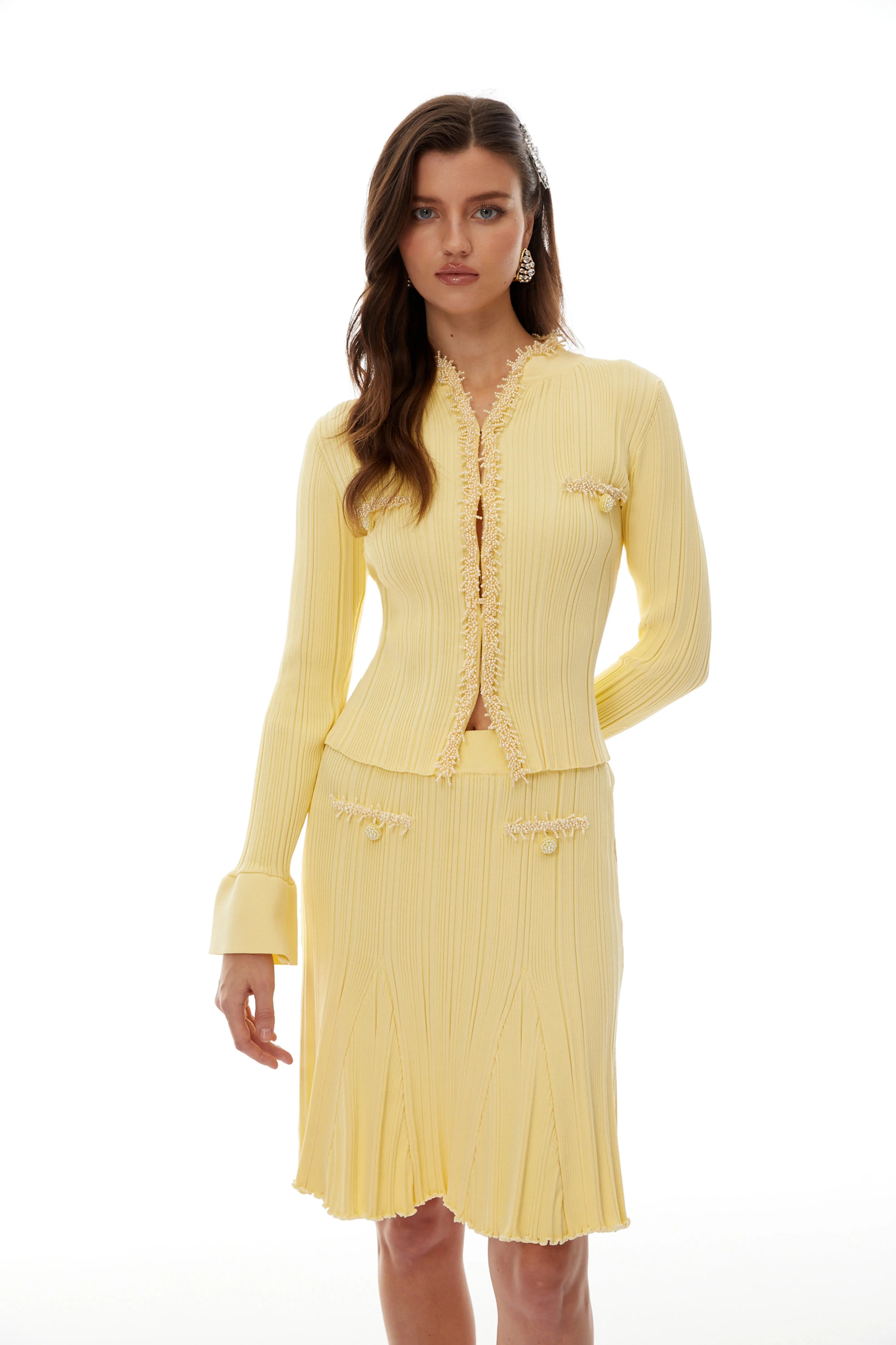 Polly Yellow Beaded Knit Blouse & Skirt Set Avalabel