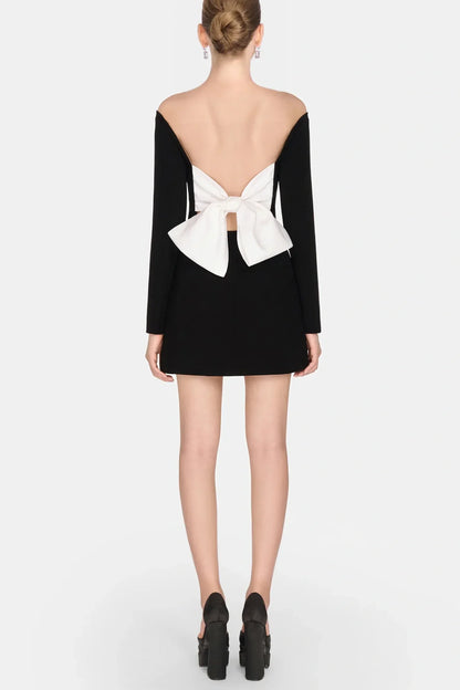 Off Shoulder Bow Embeliished Backless Mini Dress