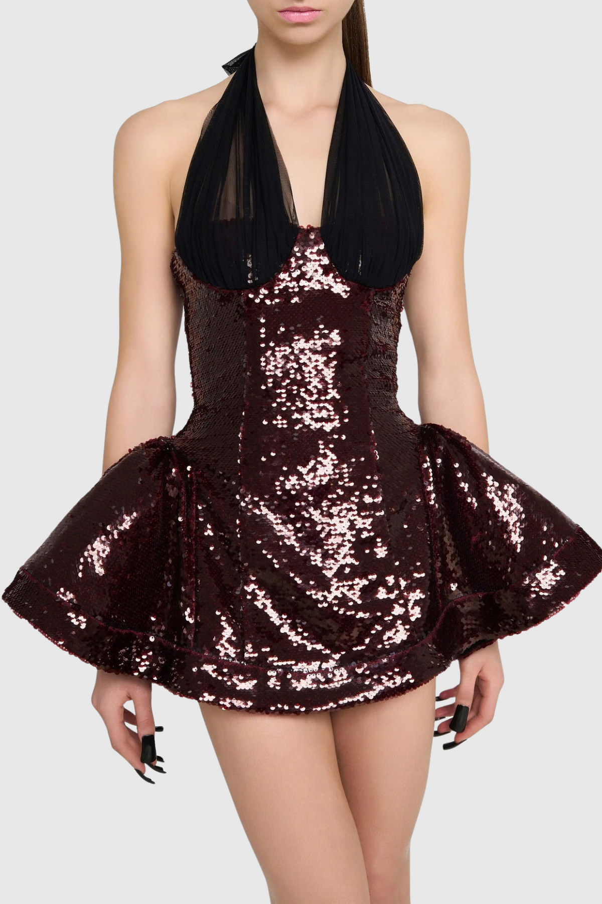 Giselle Sequin Halter Mini Dress in Merlot Avalabel