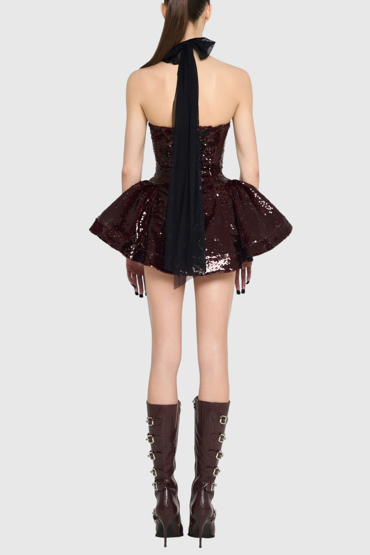 Giselle Sequin Halter Mini Dress in Merlot Avalabel