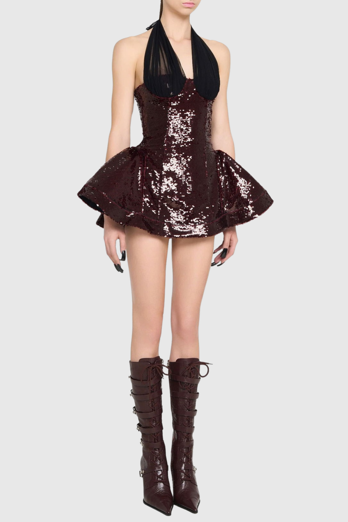 Giselle Sequin Halter Mini Dress in Merlot Avalabel