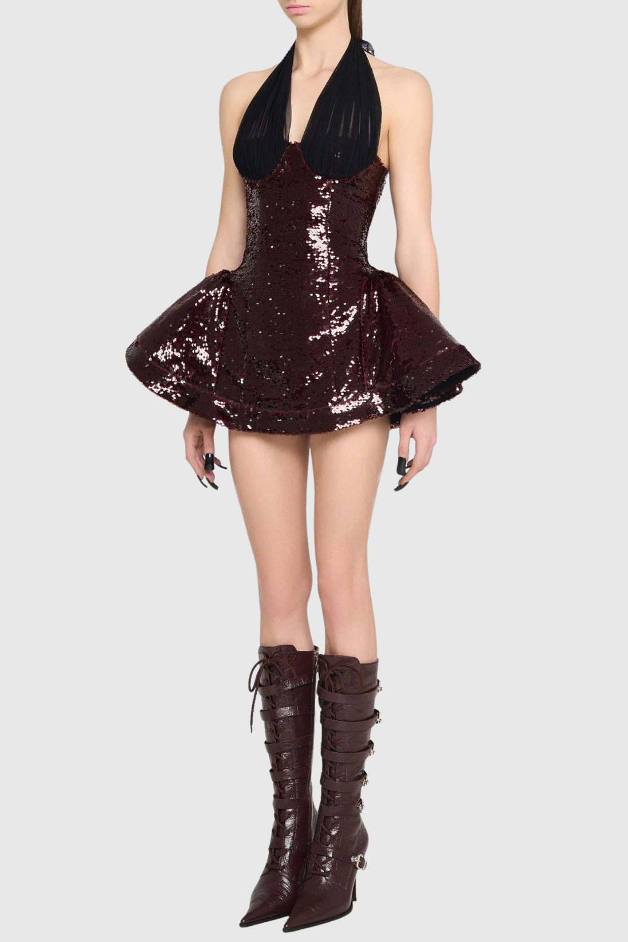 Giselle Sequin Halter Mini Dress in Merlot Avalabel