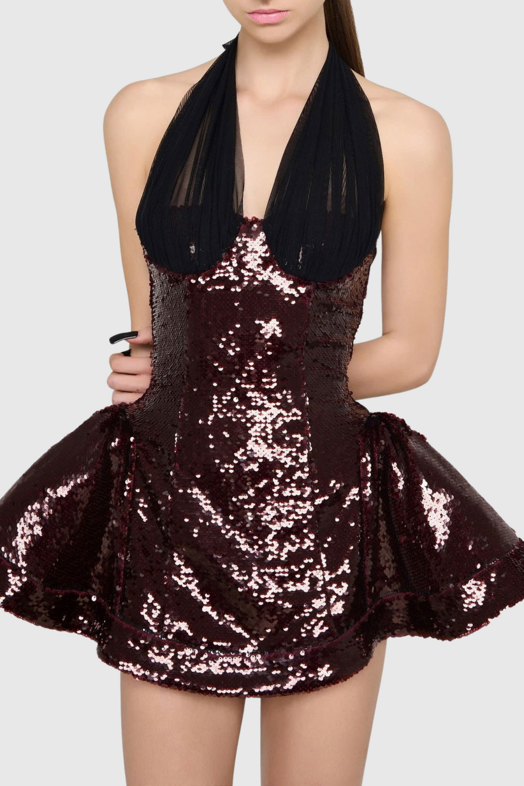 Giselle Sequin Halter Mini Dress in Merlot Avalabel