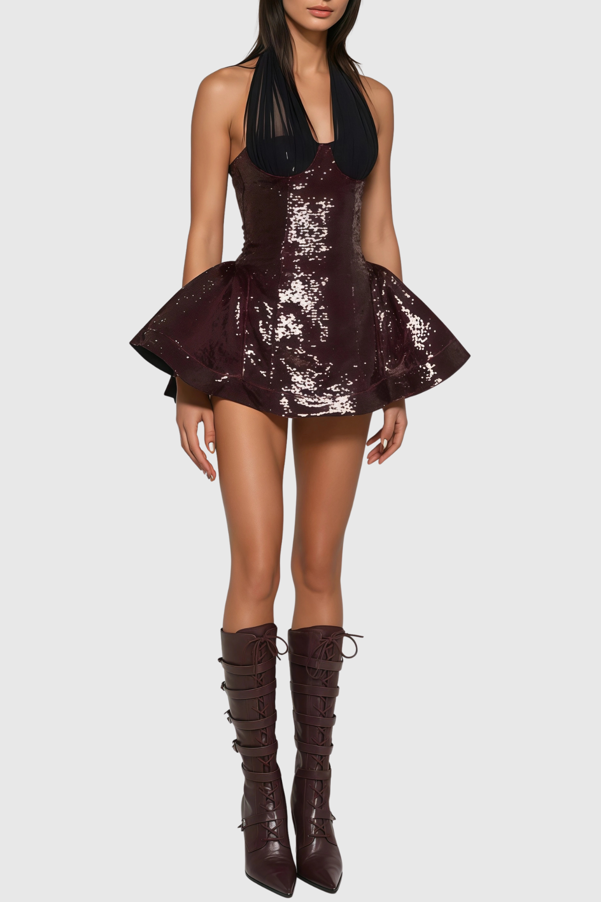 Giselle Sequin Halter Mini Dress in Merlot Avalabel