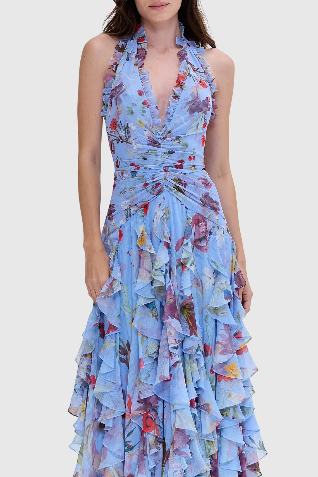 Floral Halter Ruffle Tulle Maxi Dress in Blue Avalabel