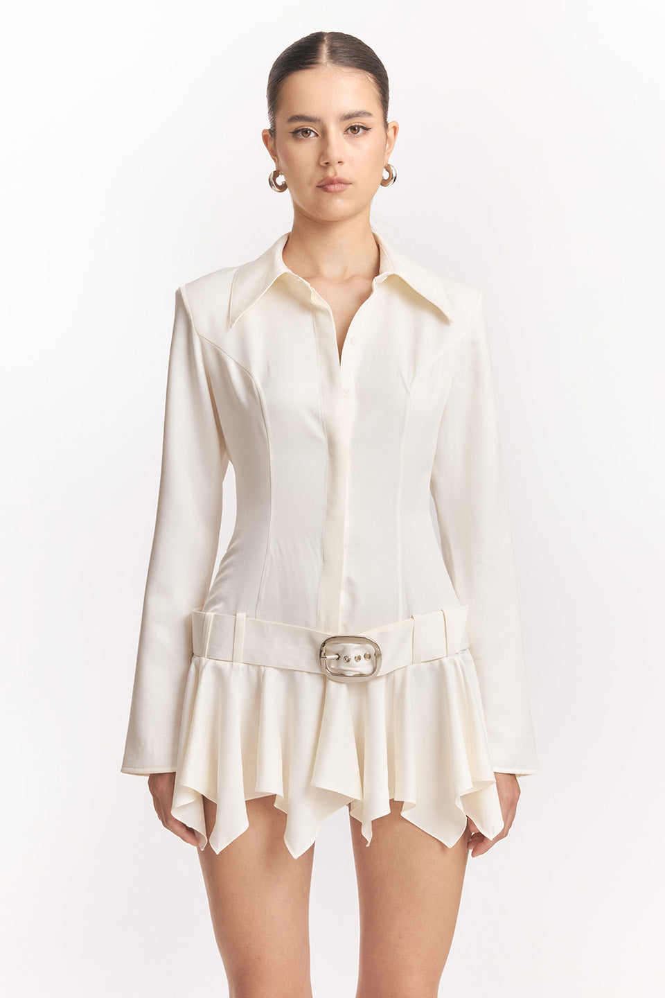 Dinah Umbrella Tail Hem Shirt Mini Dress in White Avalabel