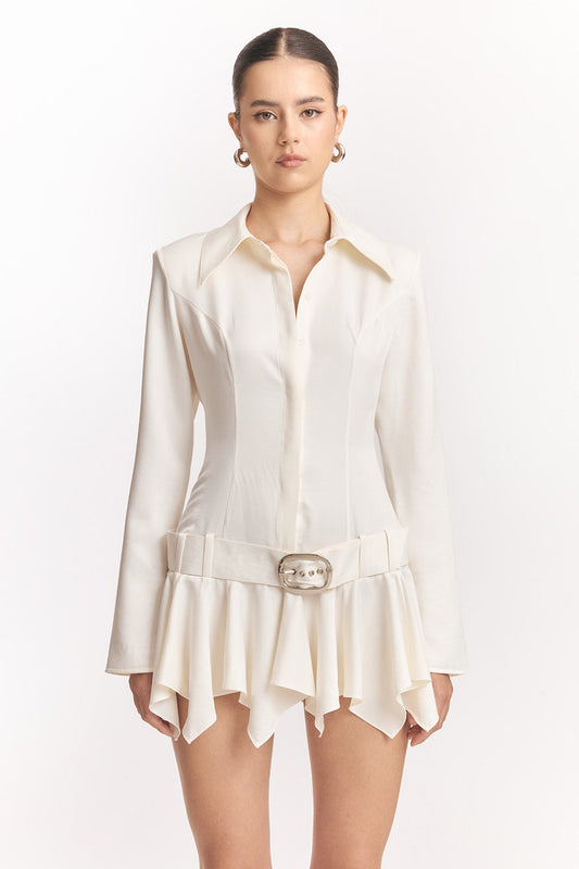 Dinah Umbrella Tail Hem Shirt Mini Dress in White