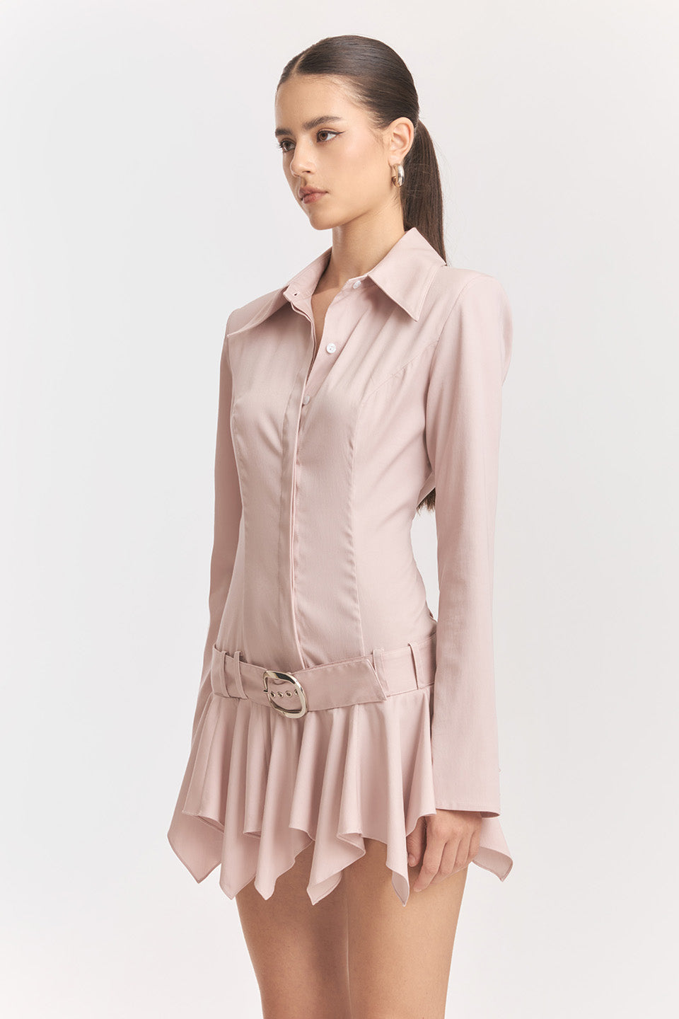 Dinah Umbrella Tail Hem Shirt Mini Dress in White Avalabel