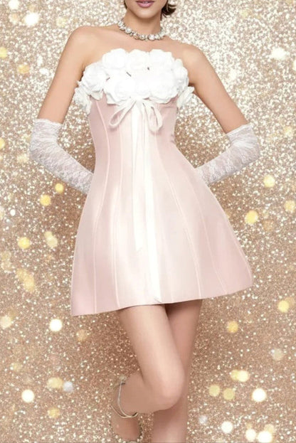 Gladys Strapless 3D Floral Corset A-Line Dress in Pink