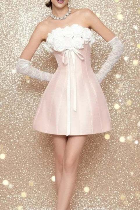 Gladys Strapless 3D Floral Corset A-Line Dress in Pink