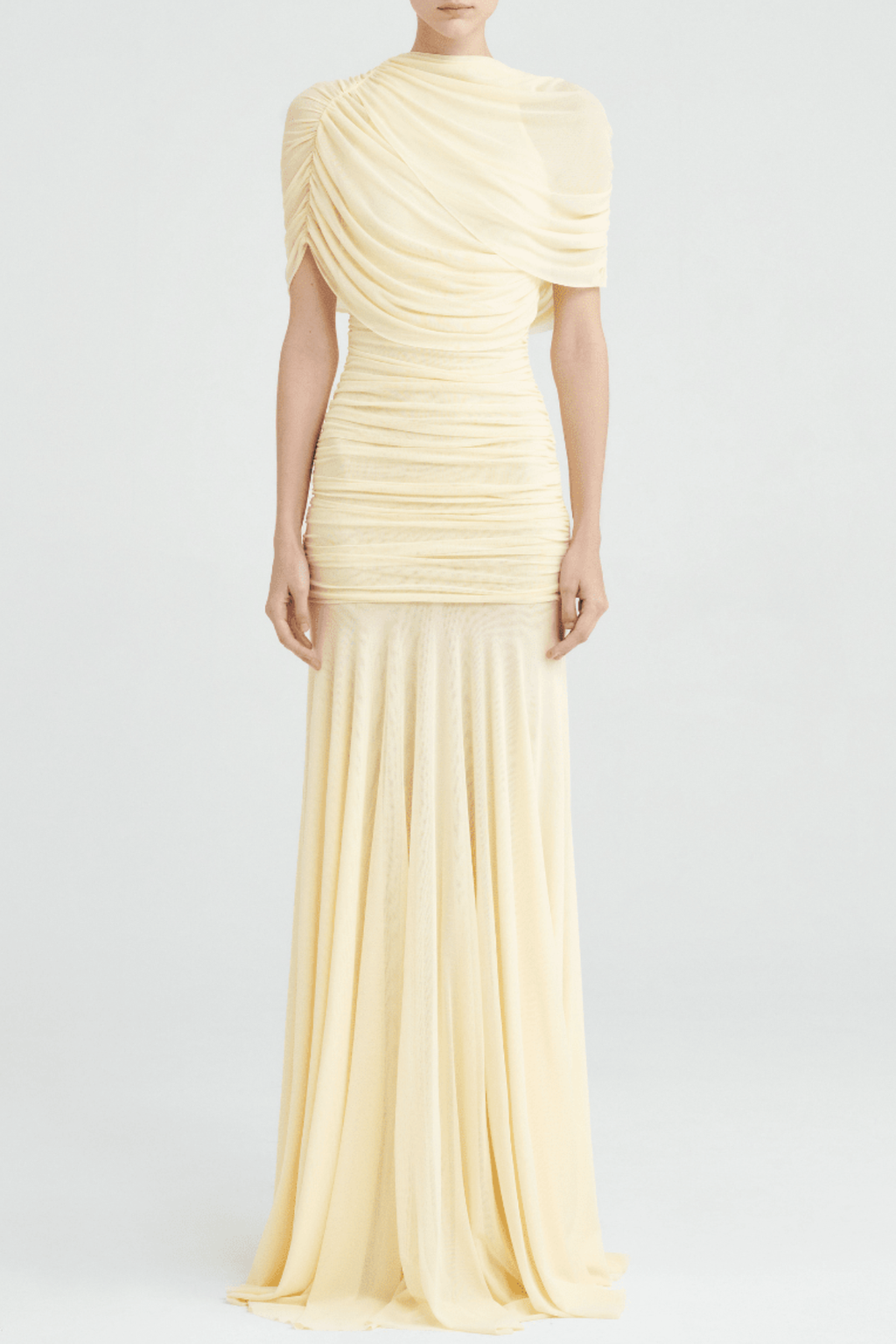 Suttoa Mesh Shawl Ruched Maxi Dress - Yellow Avalabel
