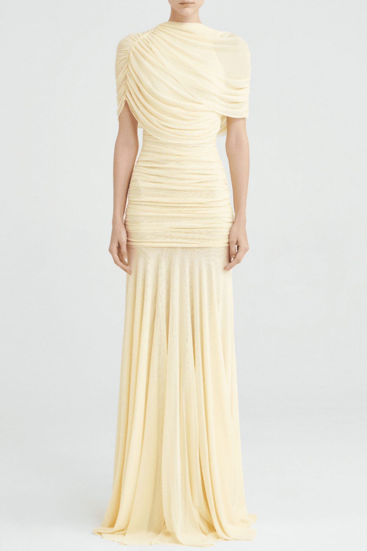 Suttoa Mesh Shawl Ruched Maxi Dress - Yellow Avalabel