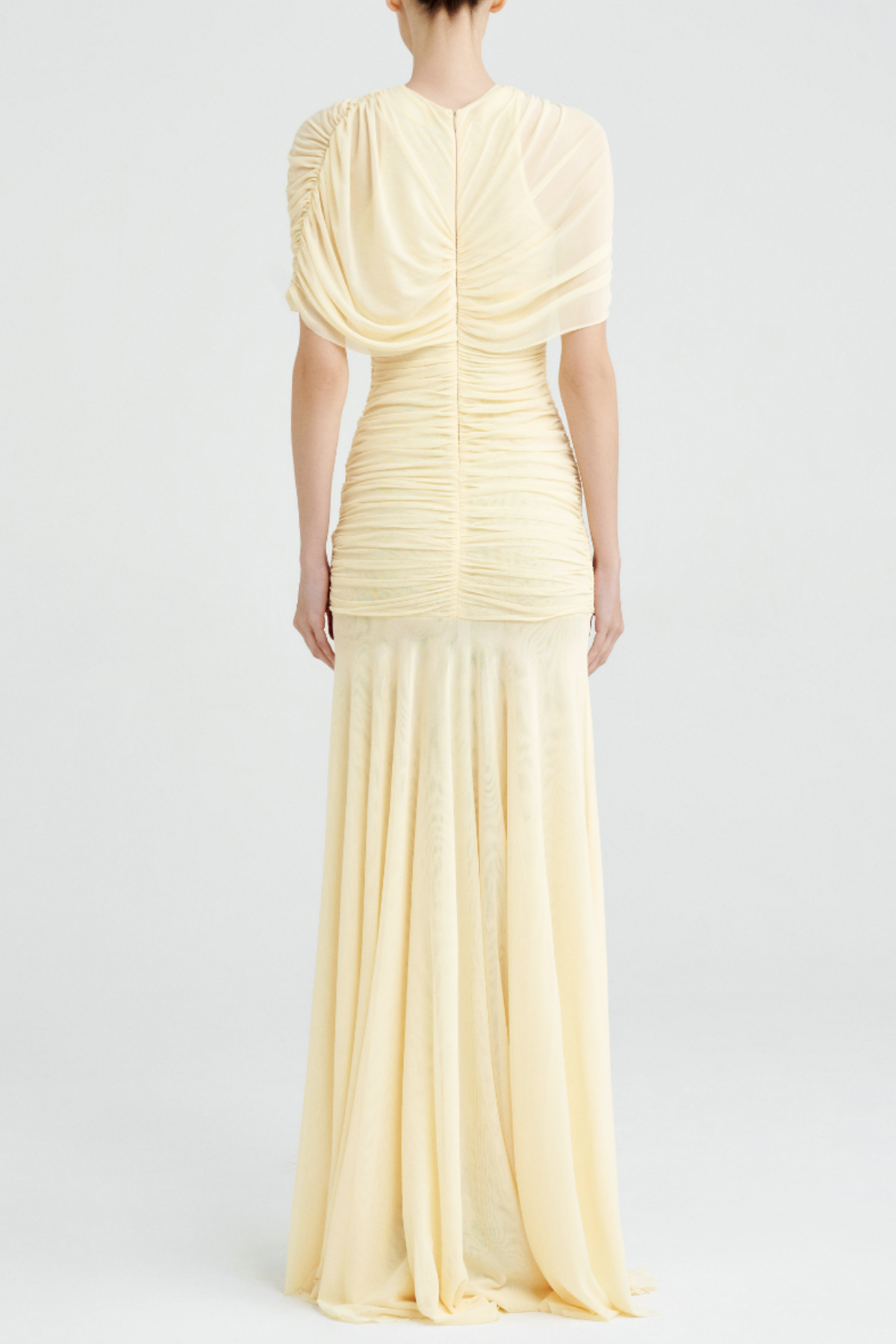 Suttoa Mesh Shawl Ruched Maxi Dress - Yellow Avalabel