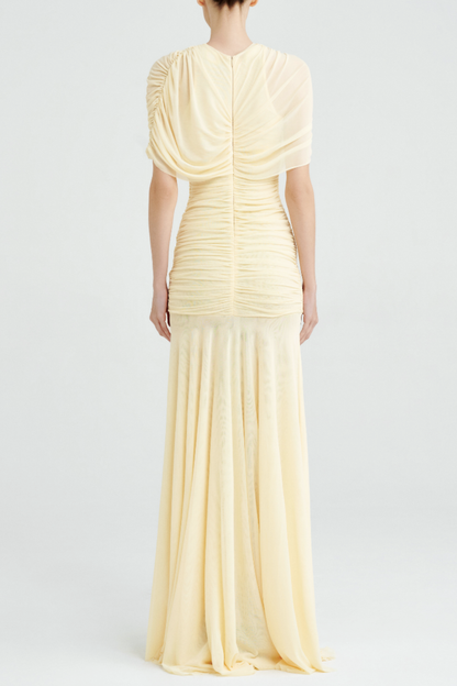 Suttoa Mesh Shawl Ruched Maxi Dress - Yellow Avalabel