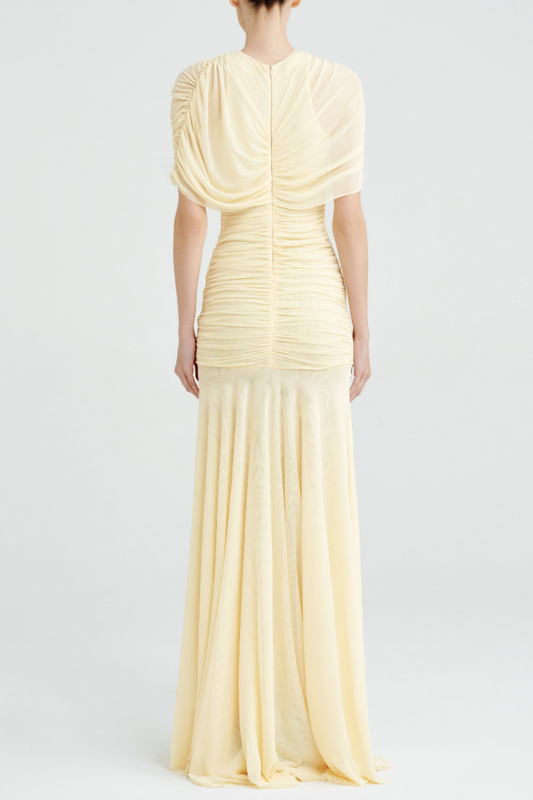 Suttoa Mesh Shawl Ruched Maxi Dress - Yellow