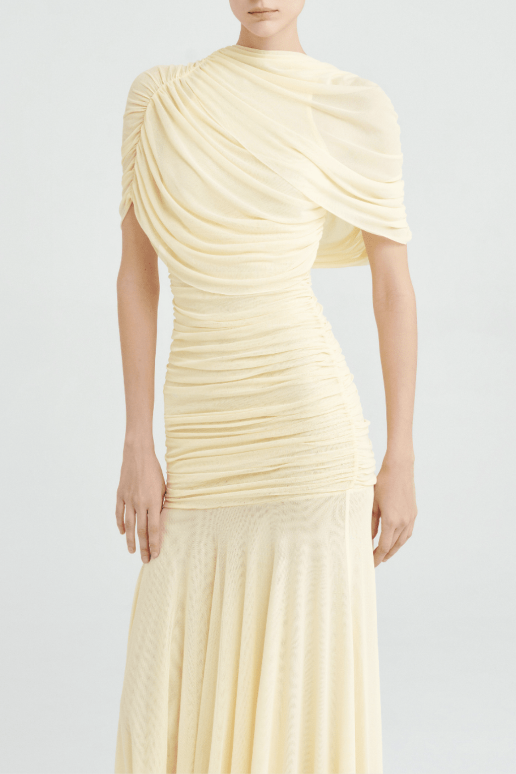 Suttoa Mesh Shawl Ruched Maxi Dress - Yellow Avalabel