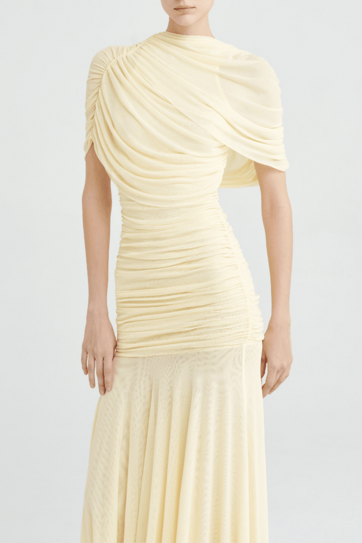 Suttoa Mesh Shawl Ruched Maxi Dress - Yellow Avalabel