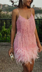 PINK TASSEL FEATHER MINI DRESS Avalabel