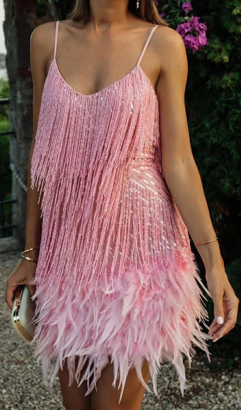 PINK TASSEL FEATHER MINI DRESS Avalabel