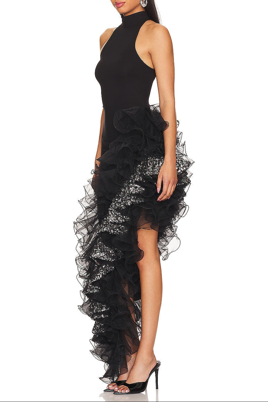 halter sleeveless Sequin Ruffle trim maxi dress in black Avalabel