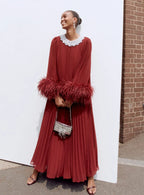 Burgundy Chiffon Feather Midi Dress Avalabel