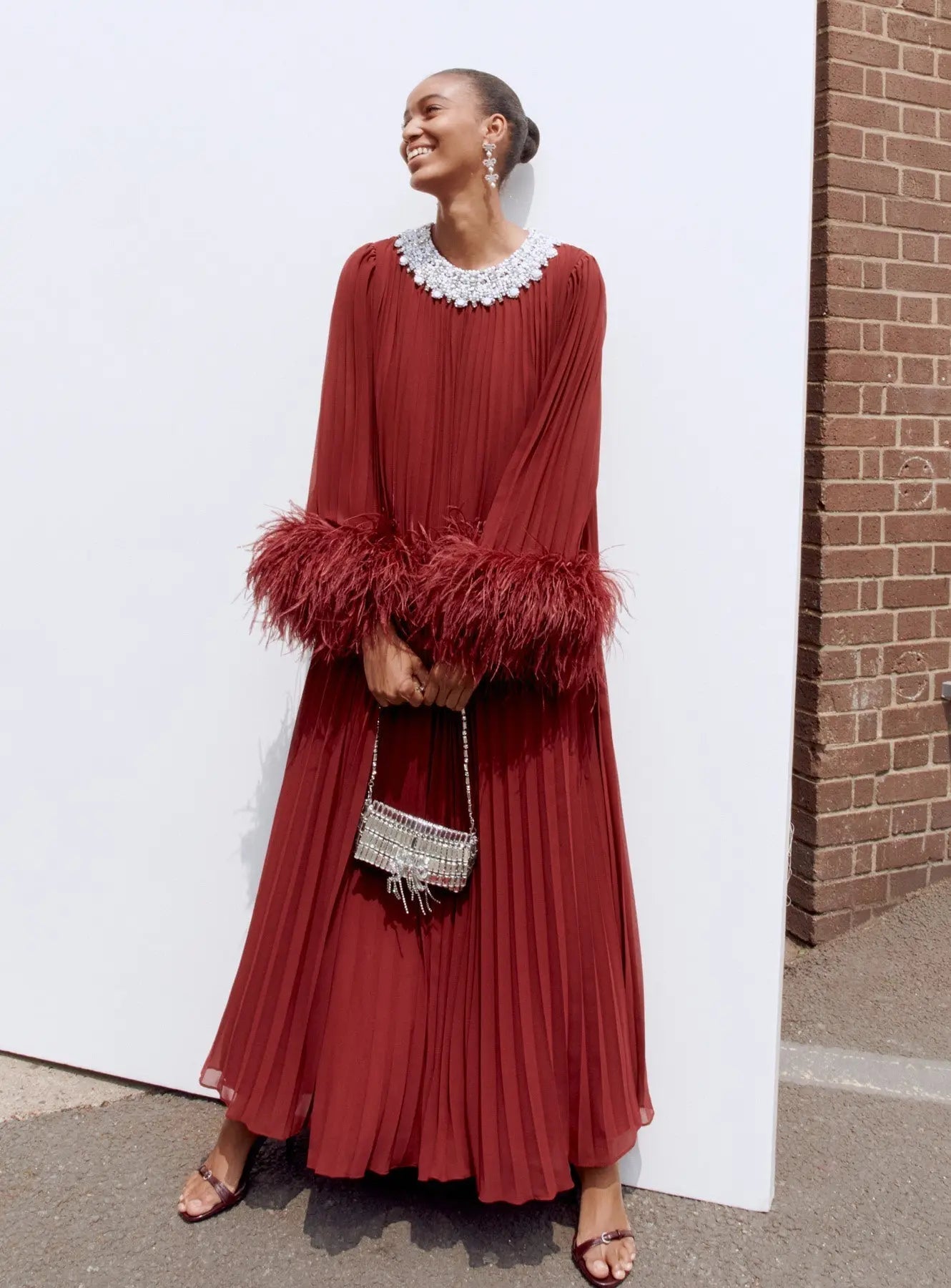 Burgundy Chiffon Feather Midi Dress Avalabel