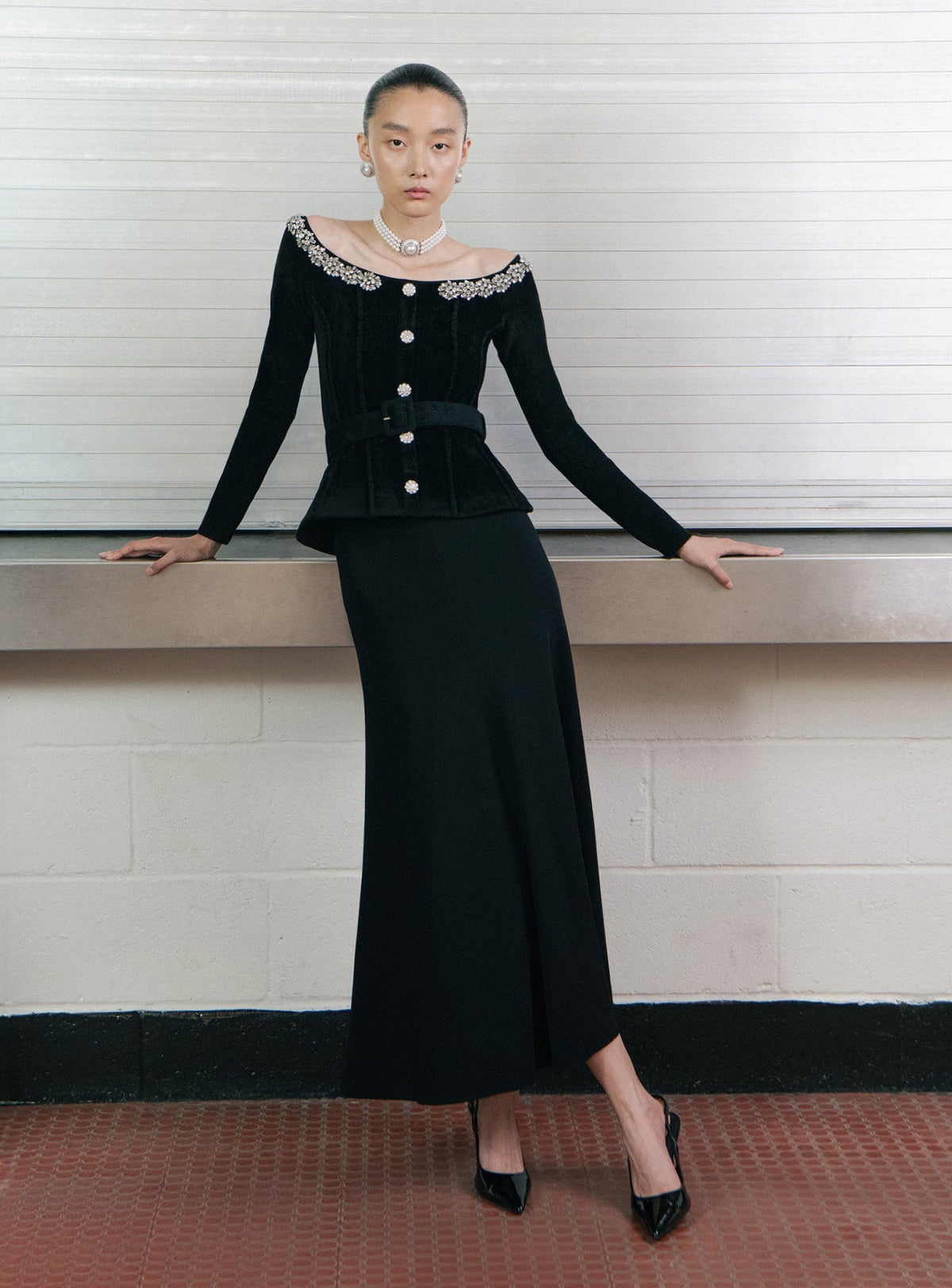 Xaviera Black Chenille Knit Crystal Trim Midi Dress Avalabel