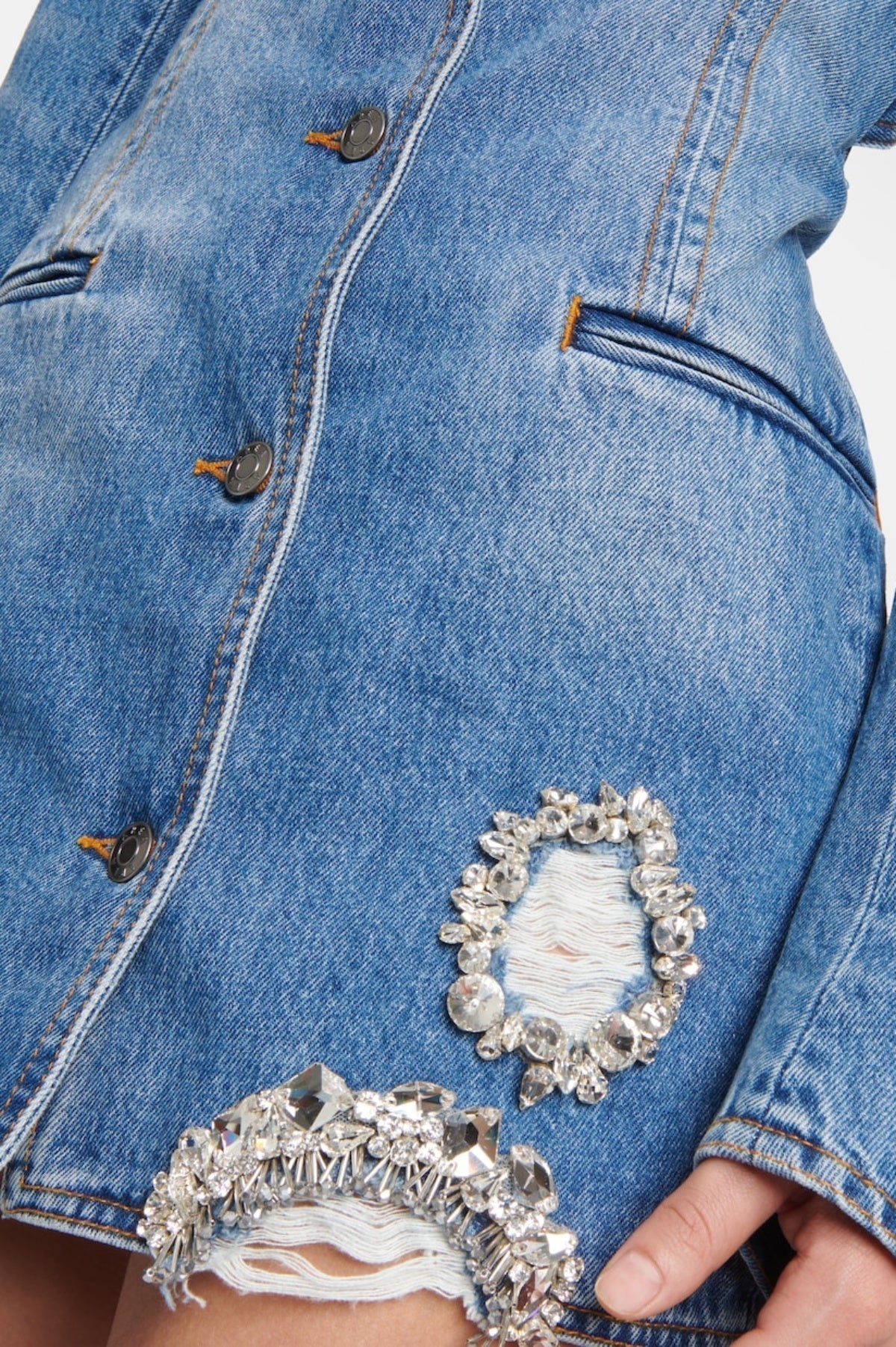 Taton Crystal Embellished Cutout Denim Blazer Avalabel