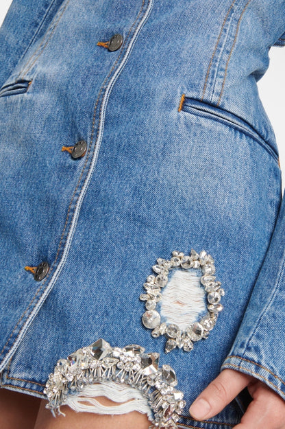 Taton Crystal Embellished Cutout Denim Blazer Avalabel