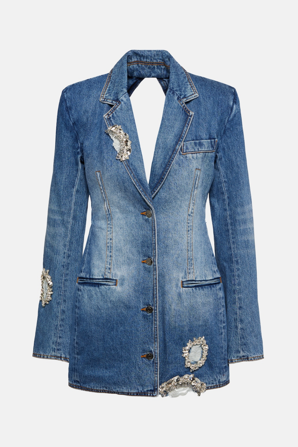Taton Crystal Embellished Cutout Denim Blazer Avalabel