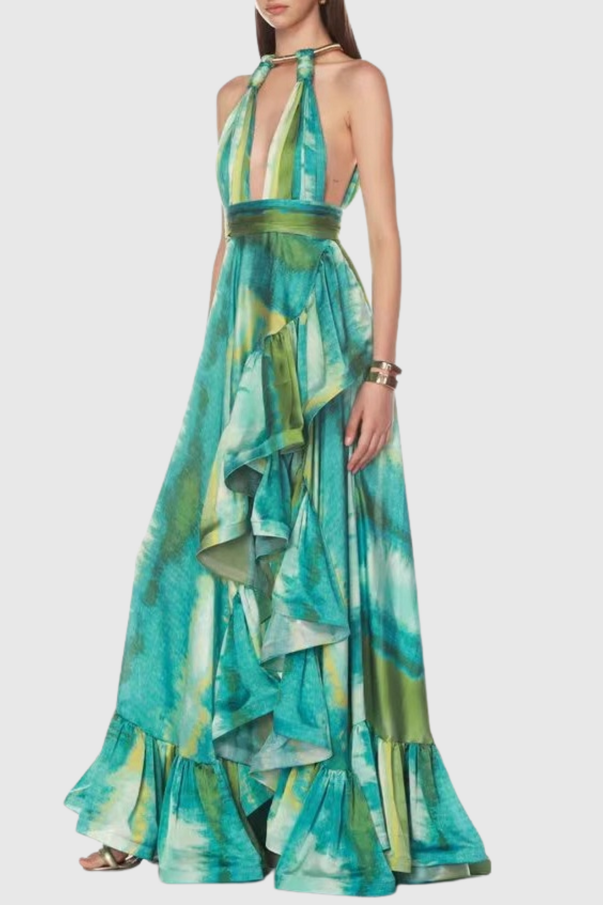 Halter Printed Cutout Ruffle Maxi Dress Avalabel
