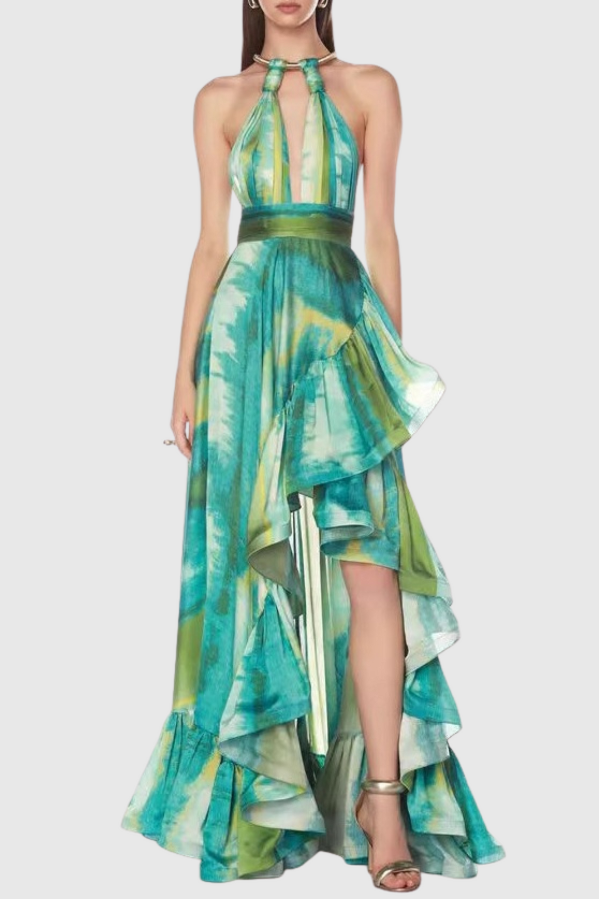 Halter Printed Cutout Ruffle Maxi Dress Avalabel