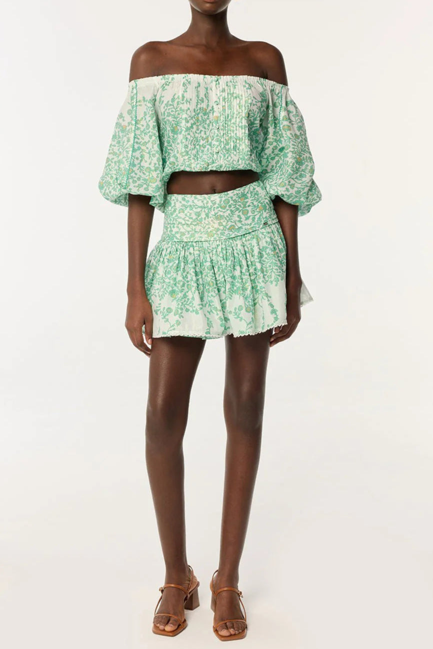 OFF-SHOULDER FLORAL PRINT MINI SKIRT SET IN GREEN Avalabel