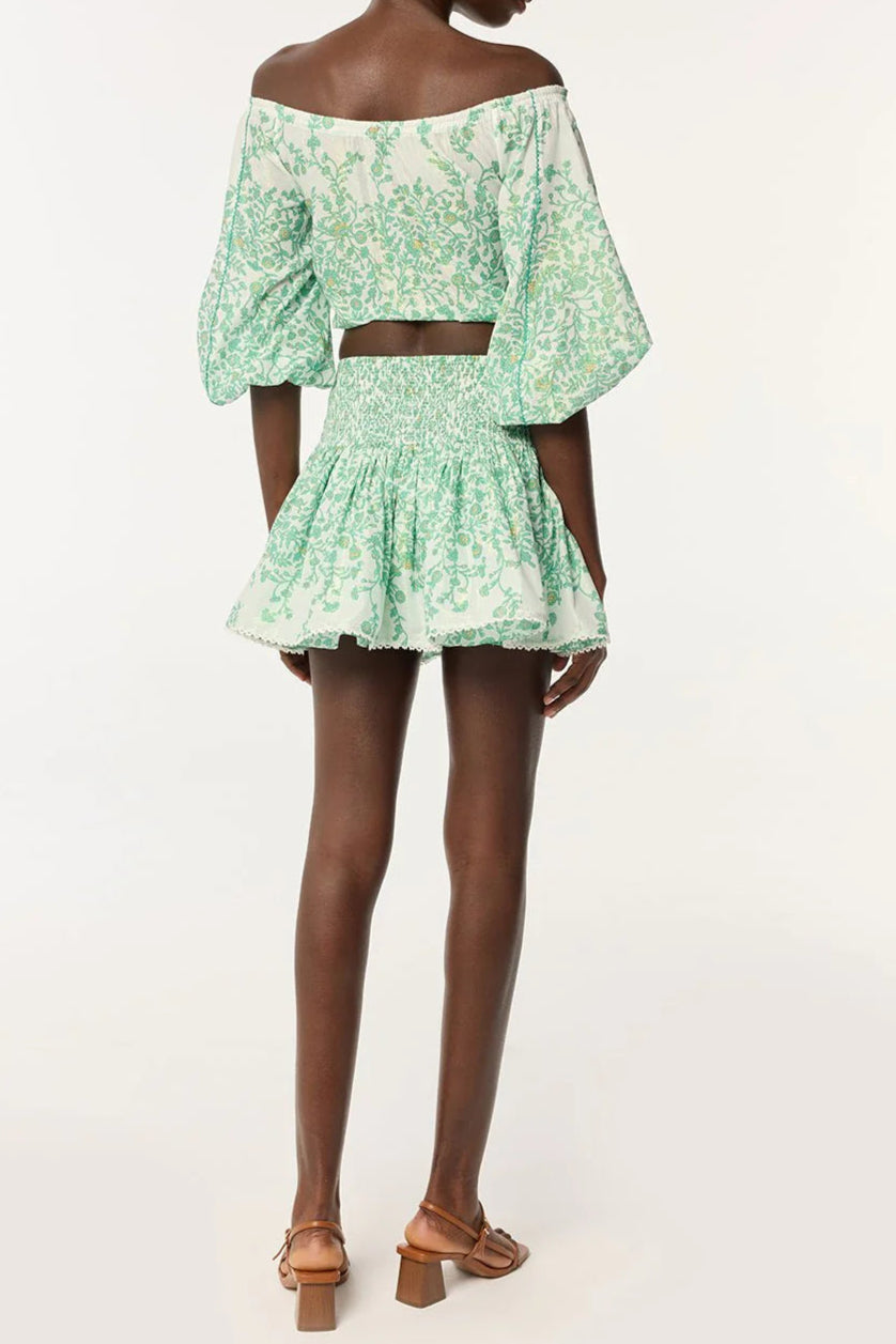 OFF-SHOULDER FLORAL PRINT MINI SKIRT SET IN GREEN Avalabel
