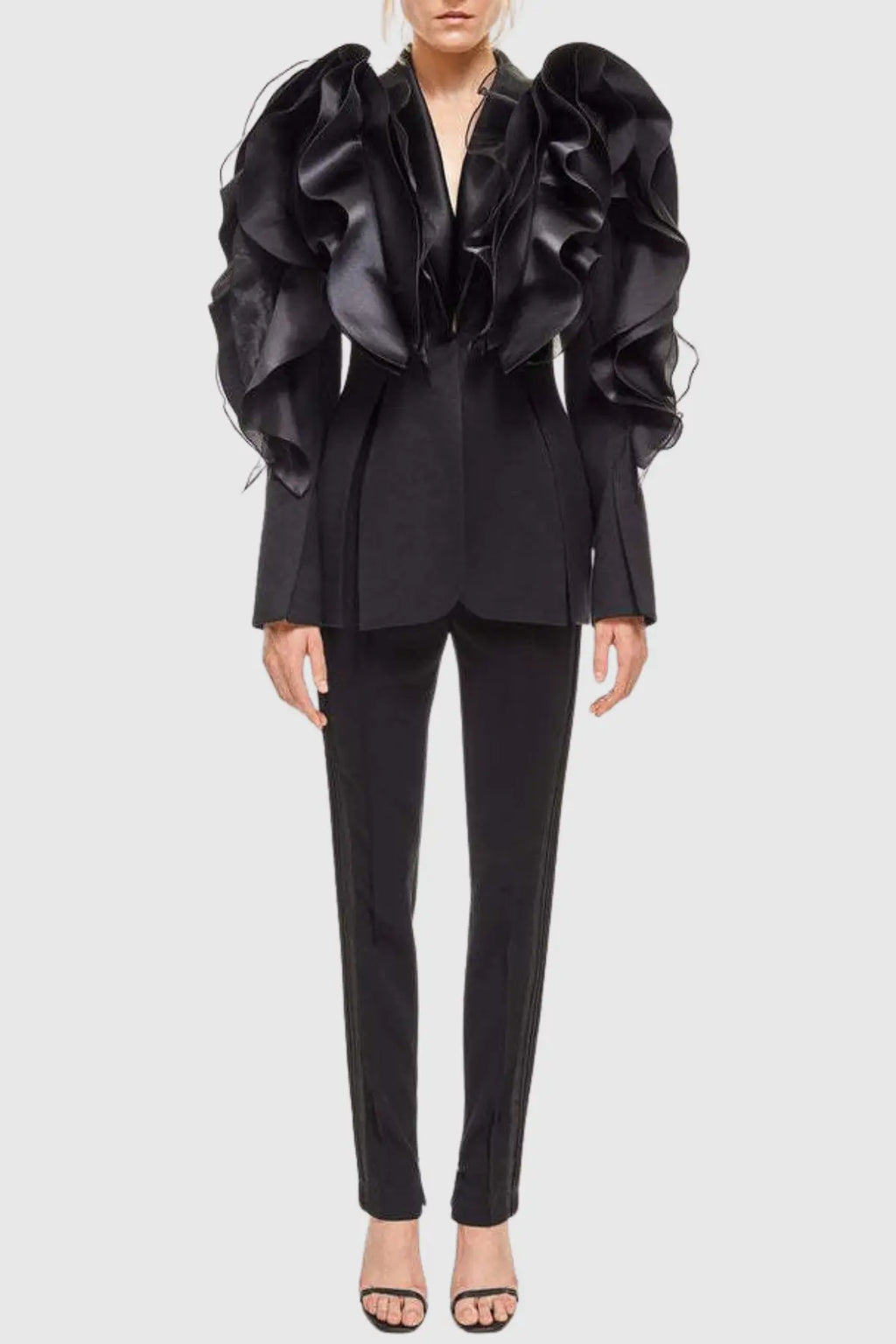 ashley Ruffle embellished Blazer in black Avalabel