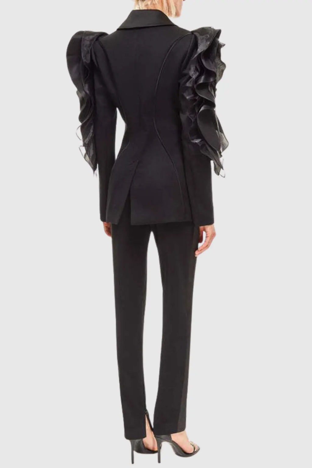 ashley Ruffle embellished Blazer in black Avalabel