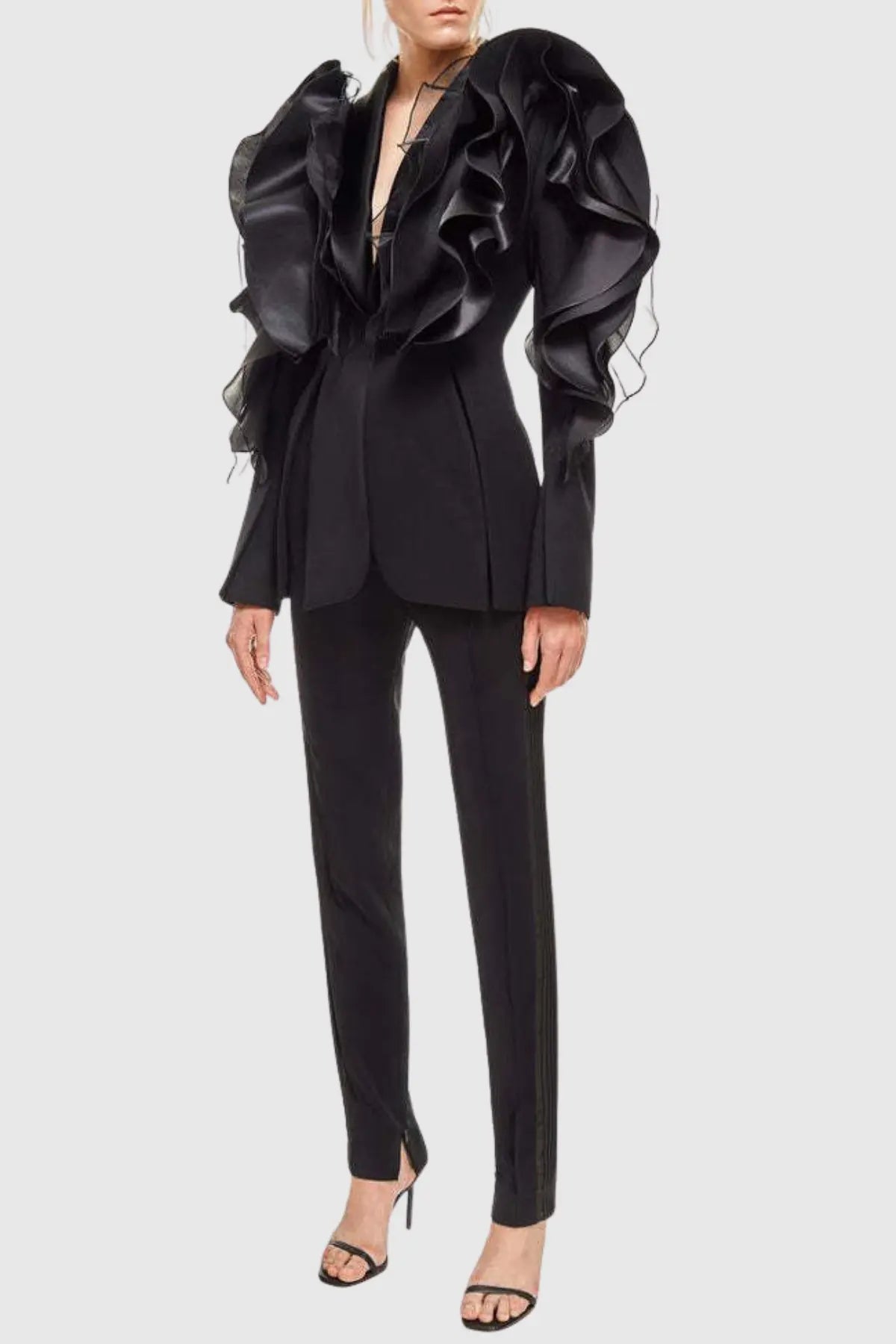 ashley Ruffle embellished Blazer in black Avalabel