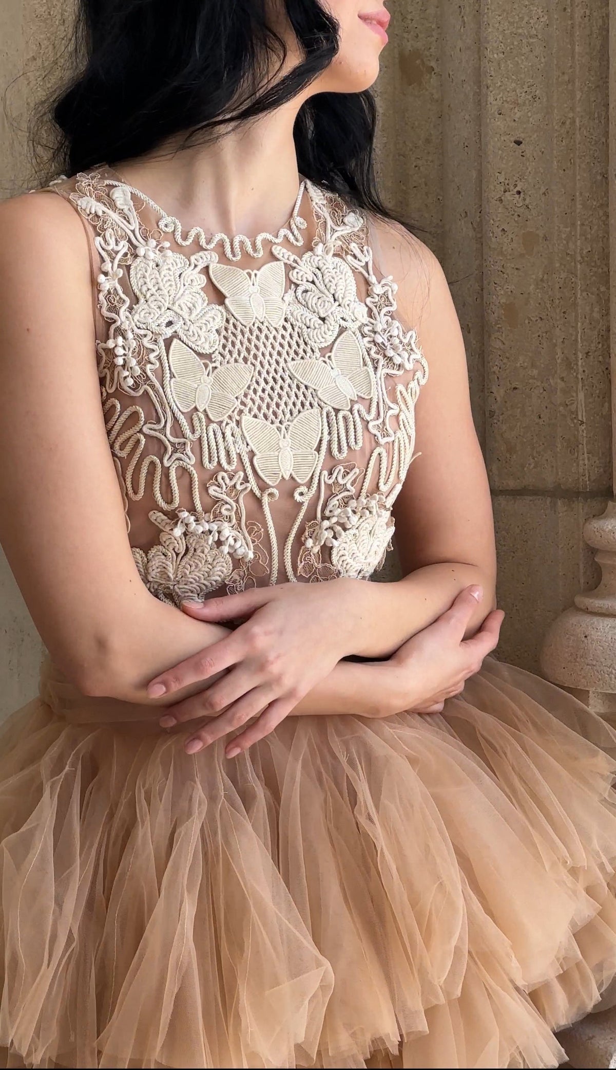 Ballerina |  Beige Tulle Mini Dress with 3D Applique Avalabel