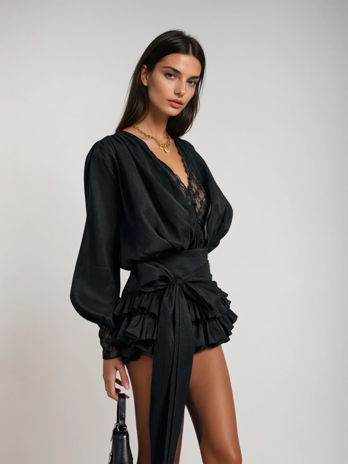 cornelia V Neck Lace Bow Mini Dress in black Avalabel
